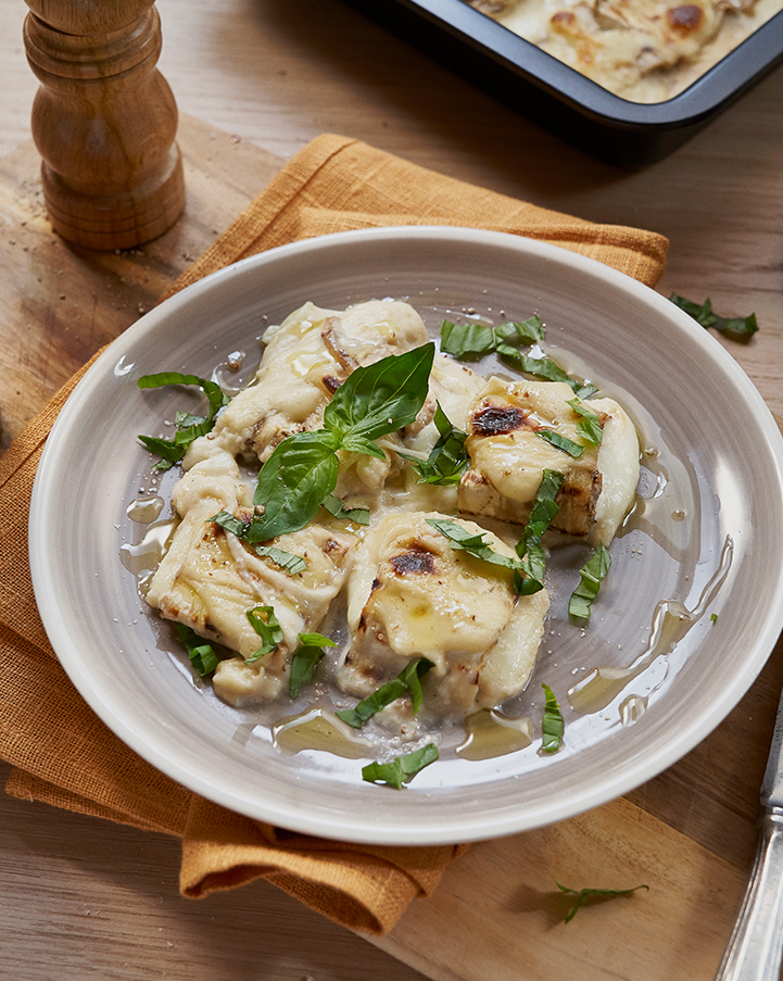 Eggplant Mozzarella Cannelloni with a Light Basil Béchamel