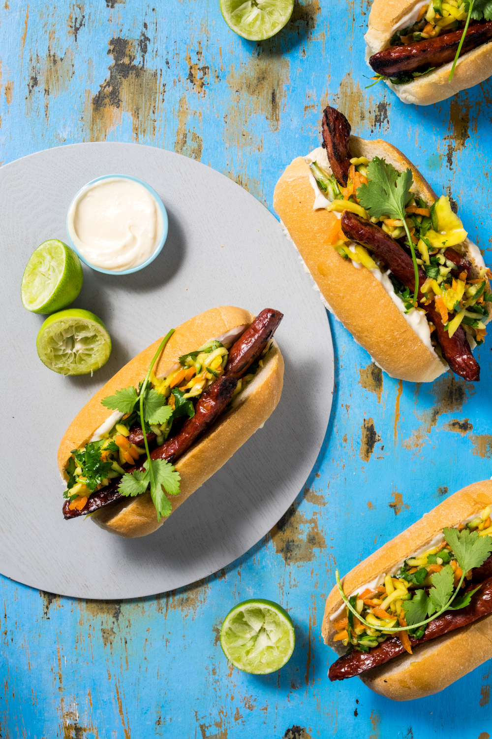 Chorizo and Green Mango Salsa Hot Dogs with Aioli