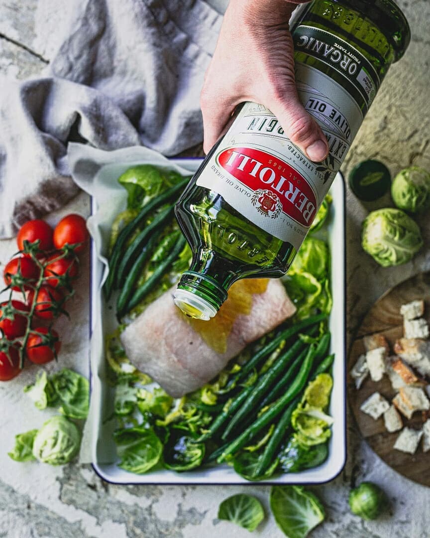 Olive Oil Tray Bake Barra, with Brussels Sprouts and Beans