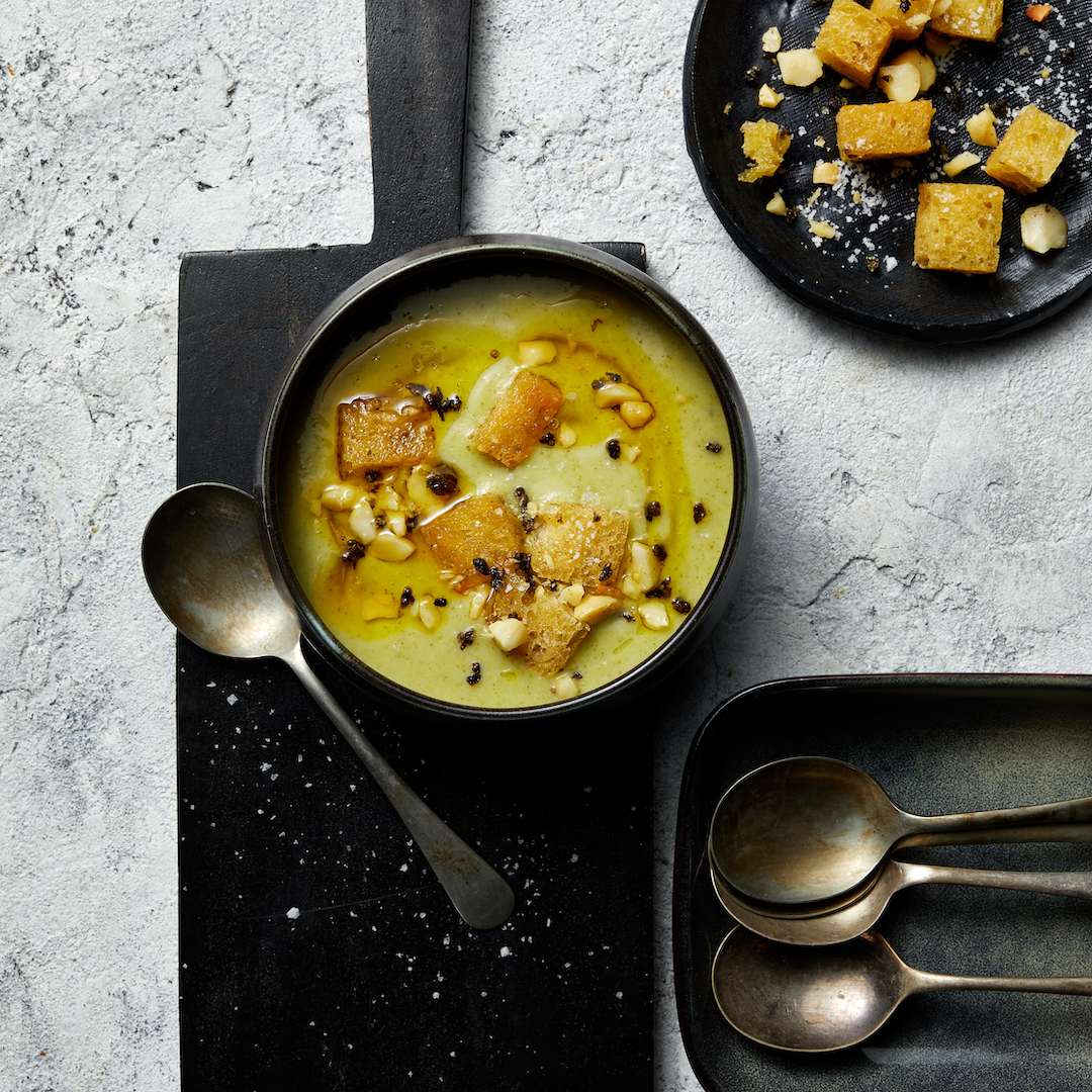 Broccoli Soup with Macadamia and Caper Croutons