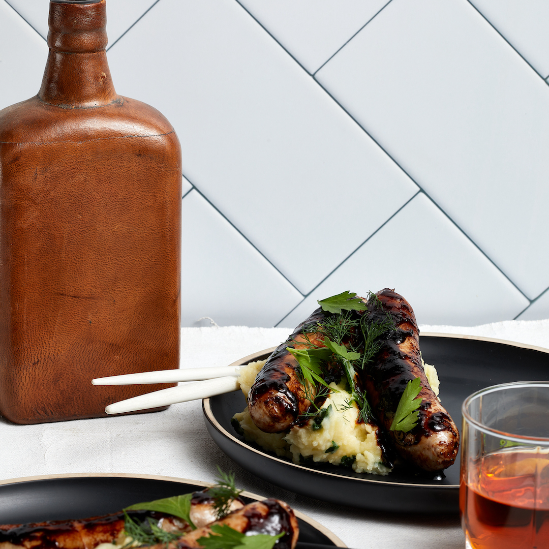 Ginger Beer-glazed Sausages with EVOO Fennel Colcannon